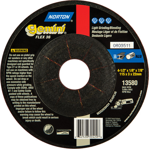 Mini meule &agrave; moyeu d&eacute;port&eacute; flexible Gemini, 4-1/2" x 1/8", Arbre 7/8", Oxyde d'aluminium, Type 27 Dufferin Supply