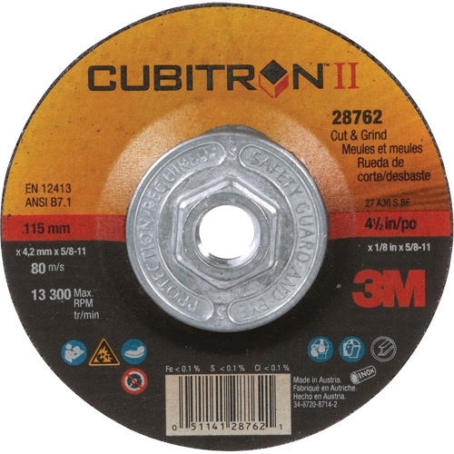 Disque de coupe et de meulage &agrave; changement rapide Cubitron II, 4-1/2" x 1/8", Arbre de 5/8"-11, Type 27, C&eacute;ramique Dufferin Supply
