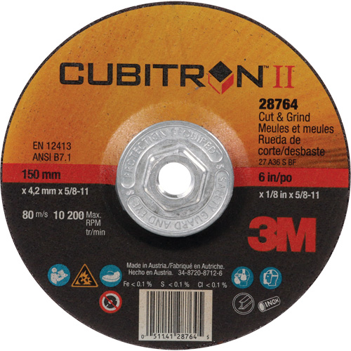 Disque de coupe et de meulage &agrave; changement rapide Cubitron II, 6" x 1/8", Arbre de 5/8"-11, Type 27, C&eacute;ramique Dufferin Supply