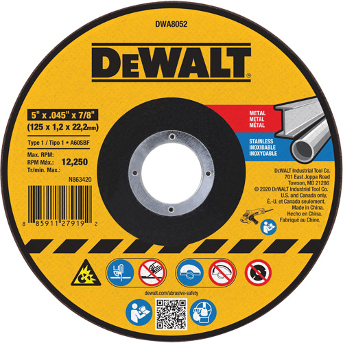 Metal Cut-Off Wheel, 5" x 0.045", 7/8" Arbor, Aluminum Oxide, Type 1 Dufferin Supply