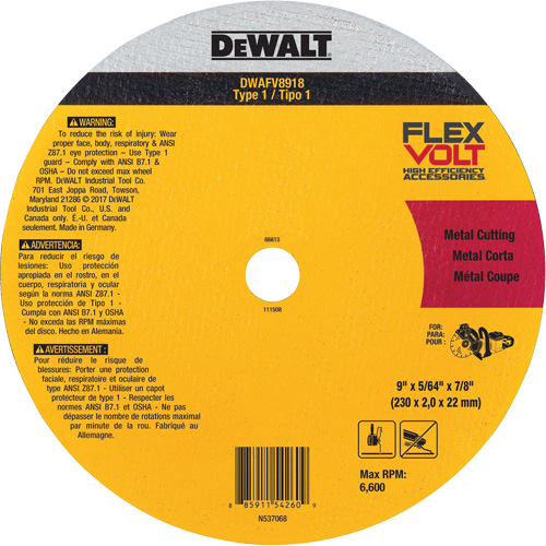 FlexVolt&reg; Metal Cut-Off Wheel, 9-1/16" x 0.078", 22.23 mm Arbor, Ceramic, Type 1 Dufferin Supply