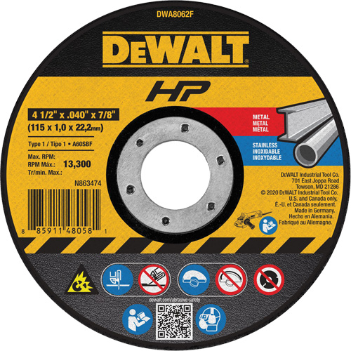 HP Metal Cut-Off Wheel, 4-1/2" x 0.04", 7/8" Arbor, Type 1, Aluminum Oxide, 13300 RPM Dufferin Supply