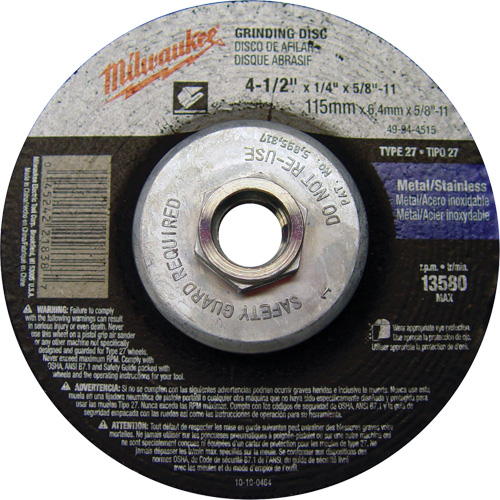 Meule, 4-1/2" x 1/4", Arbre 5/8"-11, Oxyde d'aluminium, Type 27 Dufferin Supply