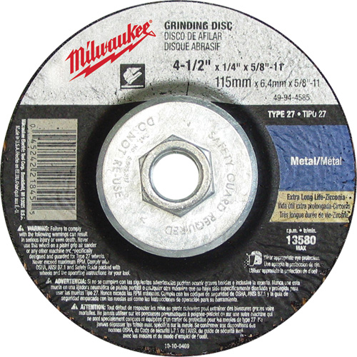 Grinding Wheel, 4-1/2" x 1/8", 5/8"-11 Arbor, Aluminum Oxide, Type 27 Dufferin Supply