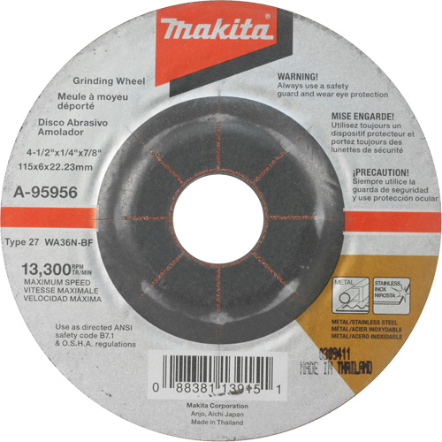 Meule inox, 4-1/2" x 1/4", Arbre 7/8", Oxyde d'aluminium, Type 27 Dufferin Supply