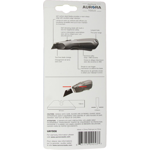 Couteau de s&eacute;curit&eacute; r&eacute;tractable , Acier inoxydable, Robuste, Prise en Plastique/Aluminium Dufferin Supply
