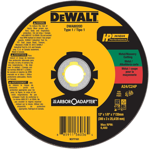 High Performance Cutting Wheel for Circular Saws, 12" x 1/8" Arbor, Aluminum Oxide Dufferin Supply