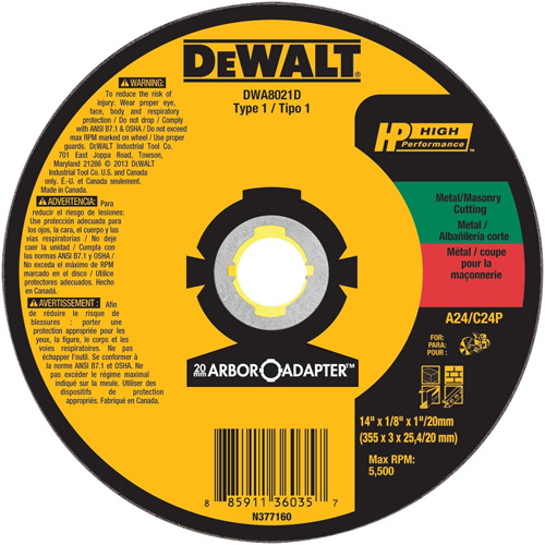 High Performance Cutting Wheel for Circular Saws, 14" x 1/8" Arbor, Aluminum Oxide Dufferin Supply