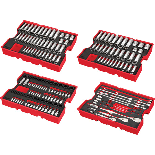 Jeu de cliquets et douilles m&eacute;triques et SAE avec organisateur PACKOUT &agrave; profil bas, 242 Mcx, Chocs, Prise de 1/4"/3/8"/1/2", Profond Dufferin Supply
