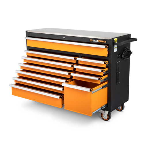 Rolling Tool Cabinet with Stainless Steel Worktop, 11 Drawers, 52" W x 18" D x 36" H, Black/Orange Dufferin Supply