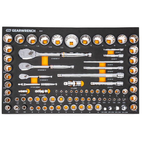 Jeu d'outils SAE/m&eacute;triques pour m&eacute;canicien &agrave; 90 dents 1/4", 3/8" & 1/2" avec plateau de rangement en mousse Dufferin Supply