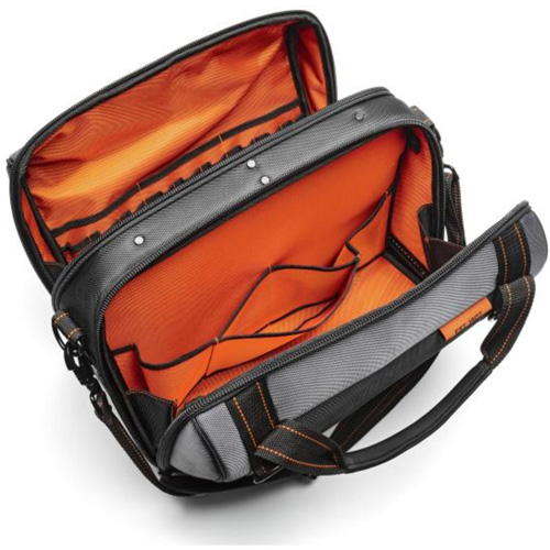 17" Tradesman Closed Top Tool Bag, Polyester, 3 Pockets, Black/Grey/Orange Dufferin Supply