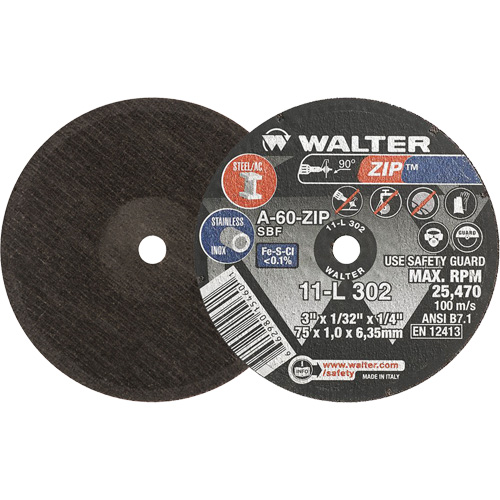Meule &agrave; tronçonner Zip, 3" x 1/32", Arbre de 1/4", Type 1, Oxyde d'aluminium, 25470 Tr/min Dufferin Supply