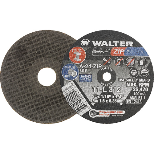 Meule &agrave; tronçonner Zip, 3" x 1/16", Arbre de 1/4", Type 1, Oxyde d'aluminium, 25470 Tr/min Dufferin Supply