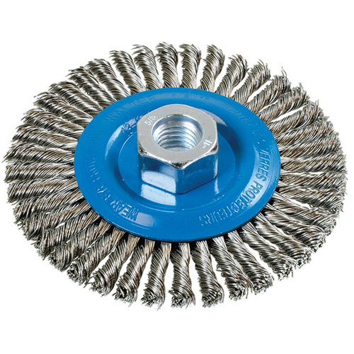 Brosse &agrave; fils nou&eacute;s pour cordons de soudure, Dia. 4-1/2", Fils 0,02", Arbre 5/8"-11, Aluminium/Acier inoxydable Dufferin Supply