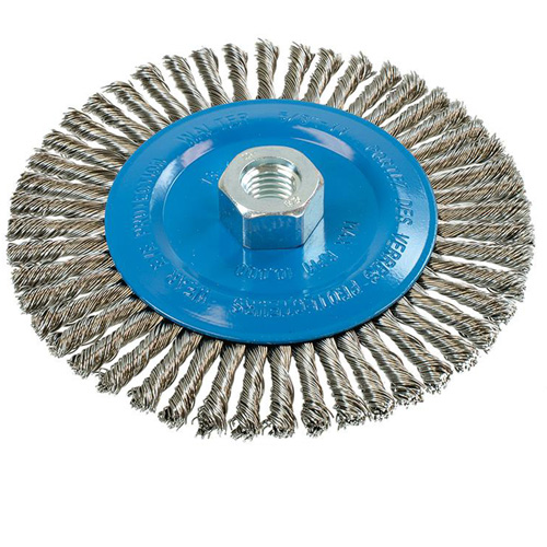 Brosse &agrave; fils &eacute;troits nou&eacute;s et torsad&eacute;s, Dia. 6", Fils 0,02", Arbre 5/8"-11, Aluminium/Acier inoxydable Dufferin Supply
