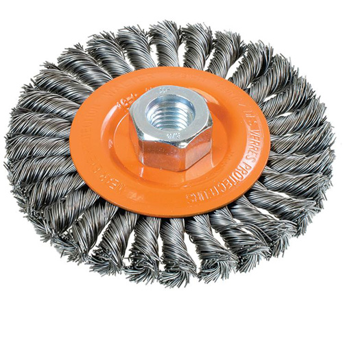 Wide Knotted Wire Wheel Brush, 4-1/2" Dia., 0.02" Fill, 5/8"-11 Arbor, Steel Dufferin Supply