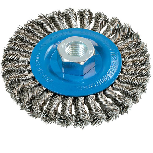 Brosse rotative &agrave; fils nou&eacute;s large, Dia. 4-1/2", Fils 0,02", Arbre 5/8"-11, Aluminium/Acier inoxydable Dufferin Supply