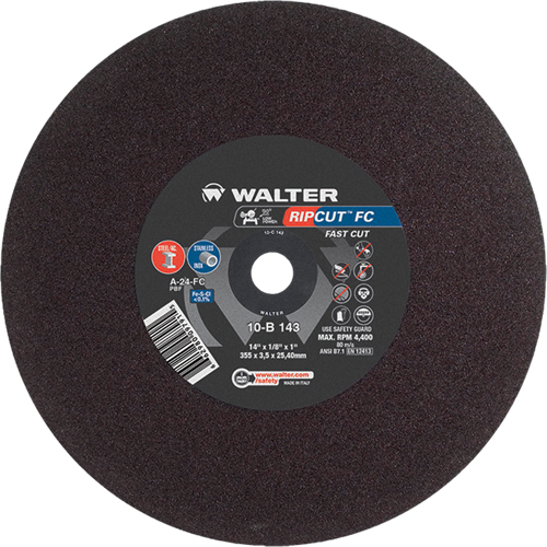 Ripcut Stainless Steel & Steel Cut-Off Wheel for Stationary Saws, 14" x 1/8", 1" Arbor, Type 1, Aluminum Oxide, 4400 RPM Dufferin Supply