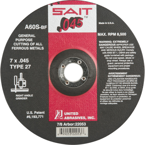Depressed Center Cut-Off Wheel, 7" x 0.045", 7/8" Arbor, Type 27, Aluminum Oxide, 8500 RPM Dufferin Supply