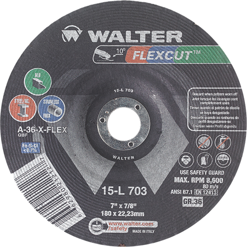 Flexcut Depressed Centre Grinding Wheels, 7", 36 Grit, Aluminum Oxide, 7/8", 8600 RPM, Type 29 Dufferin Supply