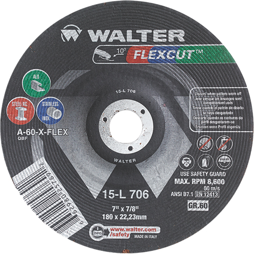 Meules &agrave; moyeu d&eacute;port&eacute; Flexcut, 7", 60 Grain, Oxyde d'aluminium, 7/8", 8600 Tr/min, Type 29 Dufferin Supply