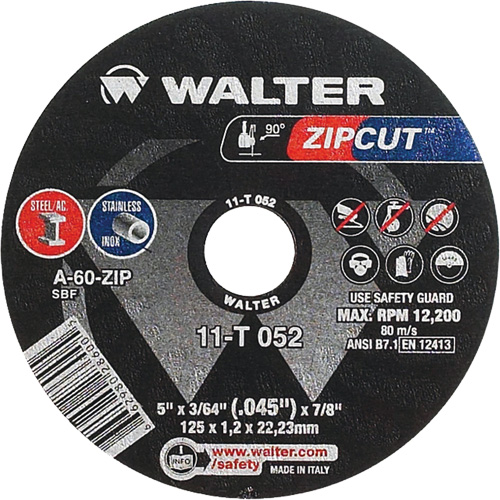 Zipcut Cut-Off Wheel, 5" x 3/64", 7/8" Arbor, Type 1, Aluminum Oxide, 12200 RPM Dufferin Supply
