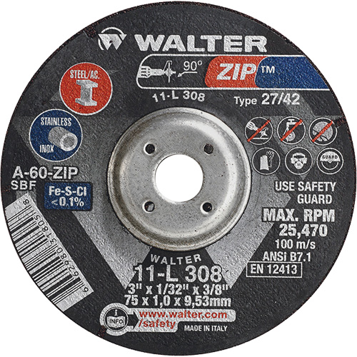 Zip Cutting and Grinding Wheel, 3" x 1/13", 3/8" Arbor, Type 27, 60 Grit, Aluminum Oxide Dufferin Supply