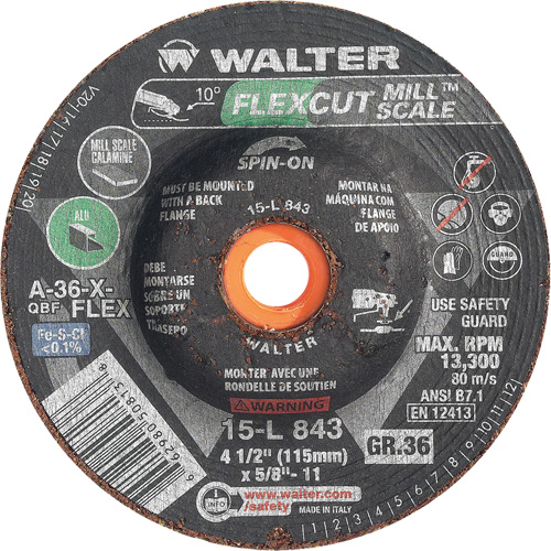 Meule FLEXCUT MILL SCALE, 4-1/2", 36 Grain, Oxyde d'aluminium, 5/8"-11, 13 300 Tr/min, Type 29 Dufferin Supply
