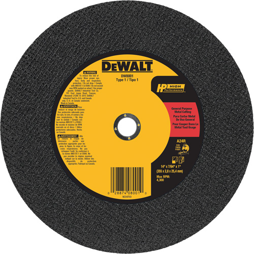 General Purpose Metal Cutting Chop Saw Wheel, 14" x 7/64", 1" Arbor, Type 1, Aluminum Oxide, 4300 RPM Dufferin Supply
