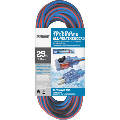 Arctic Blue Extension Cord, All-Weather, SJEOW, 14/3 AWG, 15 A, 25' Dufferin Supply