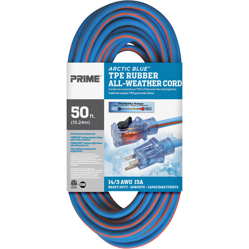 Arctic Blue Extension Cord, All-Weather, SJEOW, 14/3 AWG, 15 A, 50' Dufferin Supply