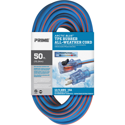 Arctic Blue TPE-Rubber Locking Extension Cord, All-Weather, SJEOW, 12/3 AWG, 15 A, 50' Dufferin Supply