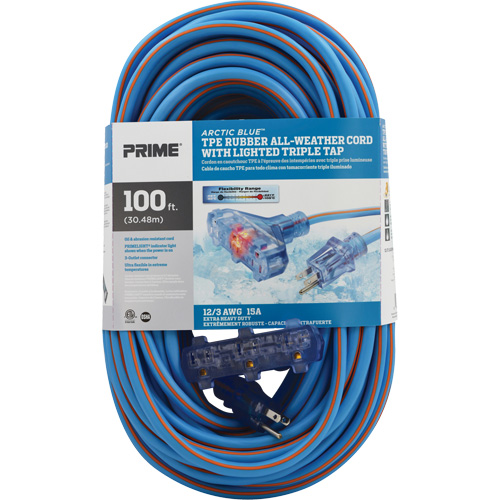 Cordons rallonges en caoutchouc TPE Arctic Blue, Toutes saisons, SJEOW, AWG 12/3, 15 A, 3 prise(s), 100' Dufferin Supply