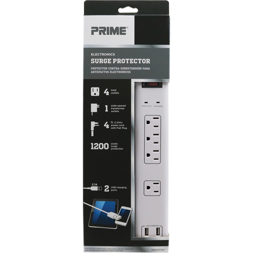 Limiteurs de surtension avec chargeur USB, 4 Prises, 1200 J, 1875 W, Cordon 4' Dufferin Supply