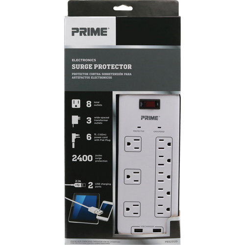 USB Charging Surge Protectors, 8 Outlets, 2400 J, 1875 W, 6' Cord Dufferin Supply