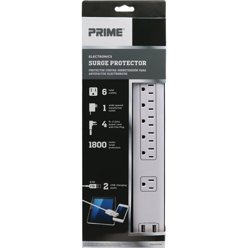 USB Charging Surge Protectors, 6 Outlets, 1800 J, 1875 W, 4' Cord Dufferin Supply