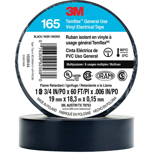 Temflex General Use Vinyl Electrical Tape 165, 19 mm (3/4") x 18 M (60'), Black, 6 mils Dufferin Supply
