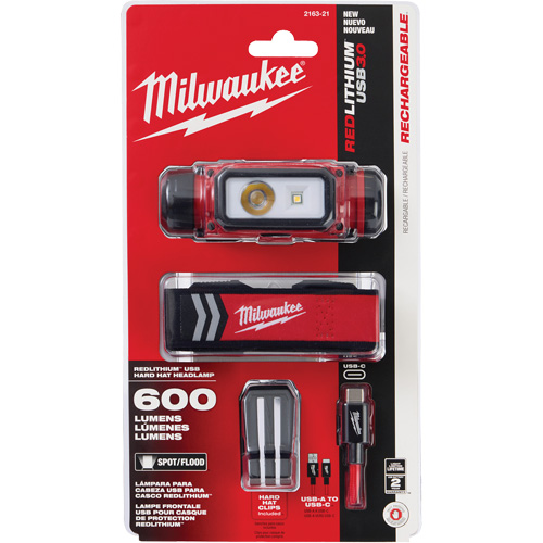 REDLITHIUM USB Hardhat Headlamp, LED, 600 Lumens, 5 Hrs. Run Time, Rechargeable Batteries Dufferin Supply