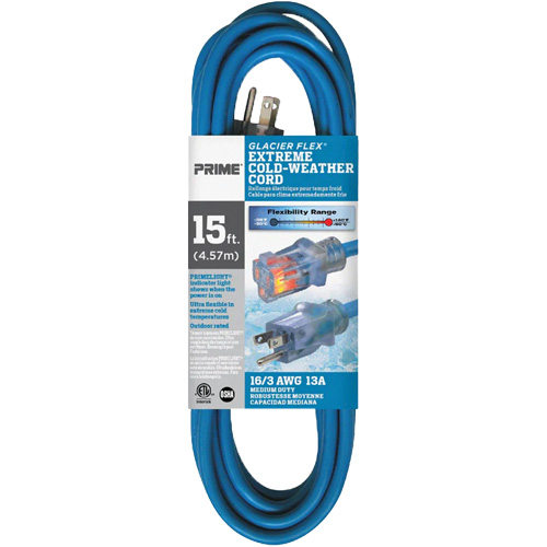 Glacier Flex&reg; Extreme Cold Weather Extension Cord, Outdoor, SJTW, 16/3 AWG, 13 A, 15' Dufferin Supply