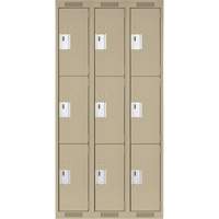 Clean Line Lockers, 3 -tier, Bank of 3, 36" x 18" x 72", Steel, Beige, Rivet (Assembled) Dufferin Supply