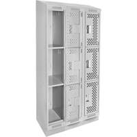 Clean Line Lockers, 3 -tier, Bank of 3, 36" x 18" x 82", Steel, Grey, Rivet (Assembled), Perforated Dufferin Supply