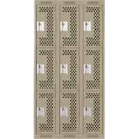 Clean Line Lockers, 3 -tier, Bank of 3, 36" x 12" x 72", Steel, Beige, Rivet (Assembled), Perforated Dufferin Supply