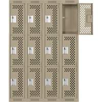 Clean Line Lockers, 3 -tier, Bank of 4, 48" x 12" x 72", Steel, Beige, Rivet (Assembled), Perforated Dufferin Supply