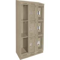 Clean Line Lockers, 3 -tier, Bank of 3, 36" x 18" x 82", Steel, Beige, Rivet (Assembled), Perforated Dufferin Supply