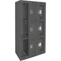 Clean Line Lockers, 3 -tier, Bank of 3, 36" x 12" x 72", Steel, Charcoal, Rivet (Assembled), Perforated Dufferin Supply