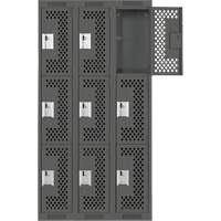 Clean Line Lockers, 3 -tier, Bank of 3, 36" x 12" x 72", Steel, Charcoal, Rivet (Assembled), Perforated Dufferin Supply