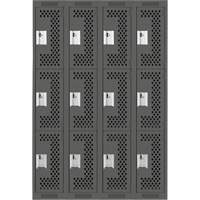 Clean Line Lockers, 3 -tier, Bank of 4, 48" x 12" x 72", Steel, Charcoal, Rivet (Assembled), Perforated Dufferin Supply