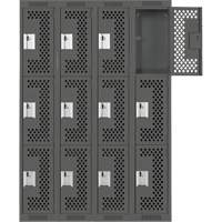 Clean Line Lockers, 3 -tier, Bank of 4, 48" x 12" x 72", Steel, Charcoal, Rivet (Assembled), Perforated Dufferin Supply