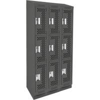 Clean Line Lockers, 3 -tier, Bank of 3, 36" x 18" x 82", Steel, Charcoal, Rivet (Assembled), Perforated Dufferin Supply